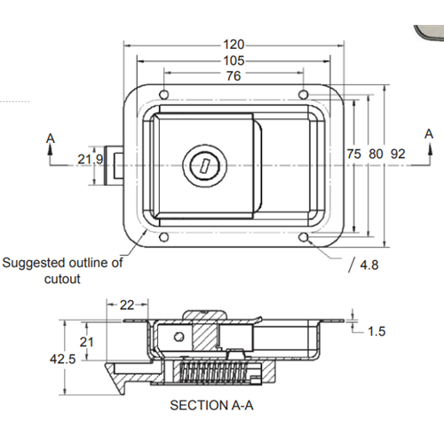 Recessed Paddle Lock Stainless Steel 120x92mm Keyed Alike - Image 2