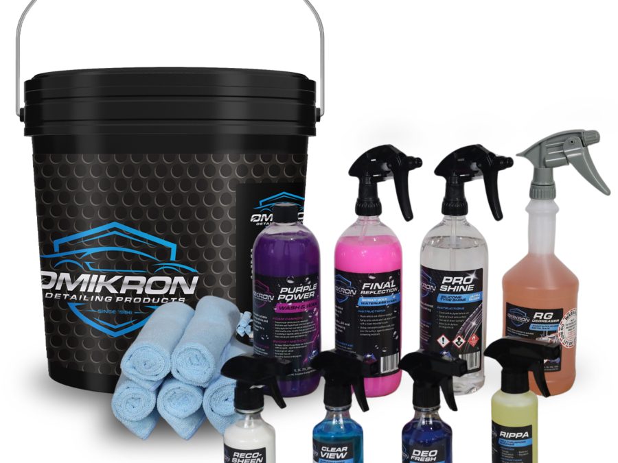 Omikron Bucket Detailing Kit with 1L bottles, 250mL cleaners, microfibre cloths and bucket
