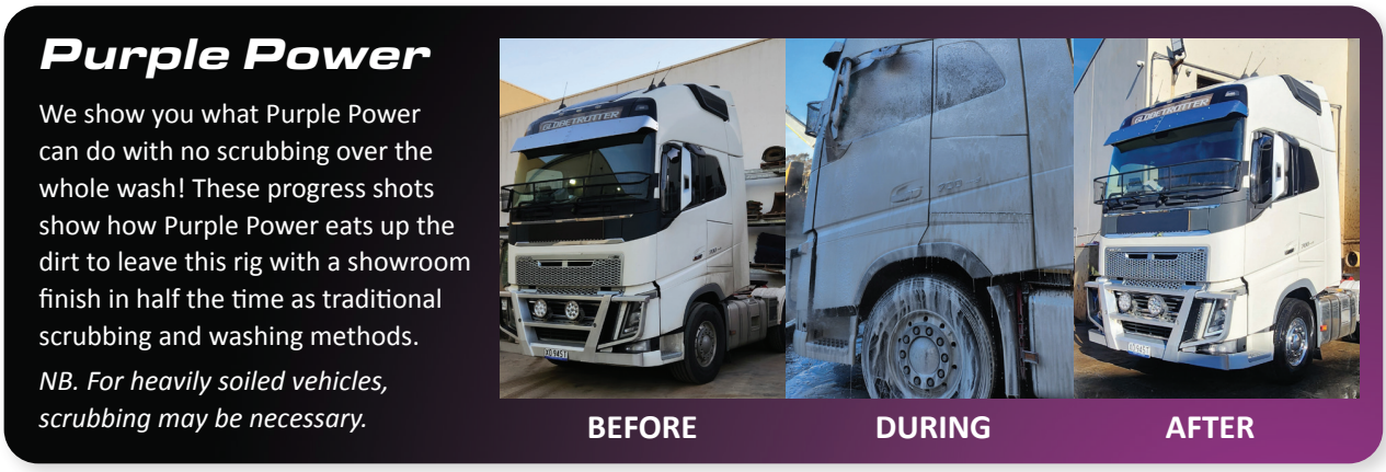 Before, during, and after photos of a semi-truck cleaned with Purple Power Wash, showing transformation from dirty to spotless finish without scrubbing.