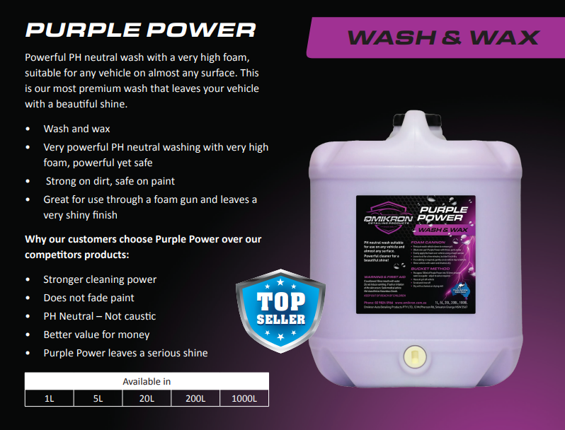 Purple Power Wash & Wax 20L container with product features listed, highlighting its high-foam, pH-neutral formula for vehicles.